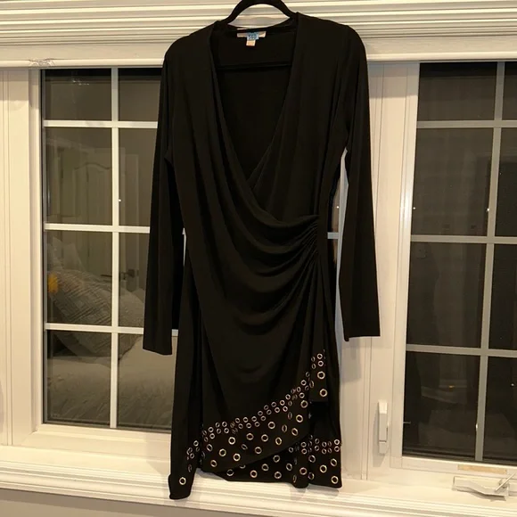 green emerald velvet dress Michael Kors Black Ruched With Gold Size Zipper Asymmetrical Hem Maxi  Dress(Size XL) main image 1